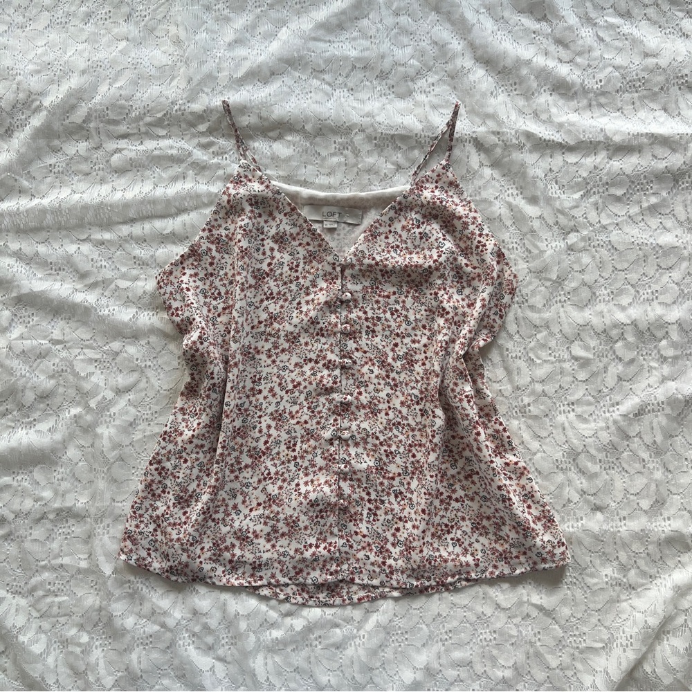 LOFT Cream and Pink Floral Button-Front Cami
